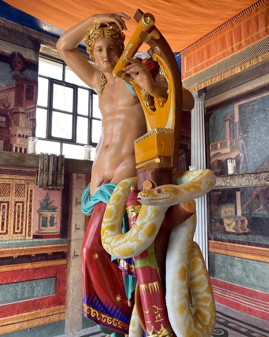 Jeff Koons’ polychrome version of the Apollo Kithara sculpture from the British Museum. Set in an old slaughterhouse on the Greek island of Hydra. Photo credit: Jeff Koons.