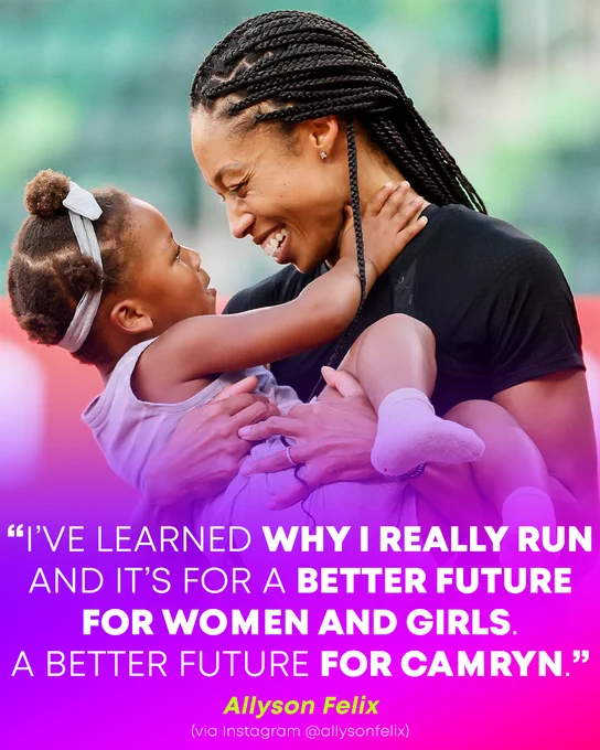 Photo of U.S. track athlete Allyson Felix smiling while holding her daughter Camryn.