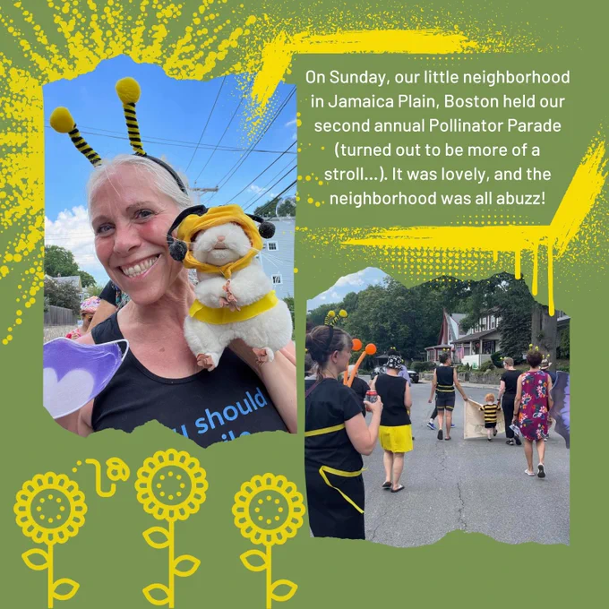 Two images: one selfie of Robyn wearing an antennae headband and holding a hamster puppet wearing a bee outfit and the other of a group of people wearing bee and butterfly themed outfits walking in the street. Text reads "On Sunday, our little neighborhood in Jamaica Plain, Boston held our second annual Pollinator Parade (turned out to be more of a stroll…). It was lovely, and the neighborhood was all abuzz!"