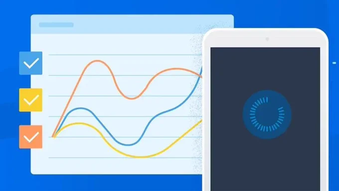 Image showing a mobile phone next to a graphic with various colorful lines against a blue background.