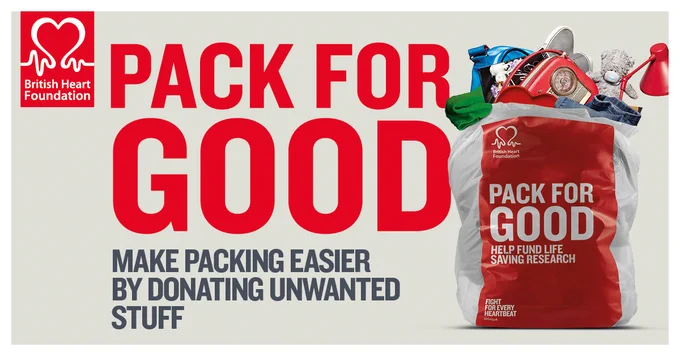 Advert for Pack for Good featuring a large charity bag filled with a lamp, teddy bear, radio, jeans, and other clothes. Text reads 'Make packing easier by donating unwanted stuff'.