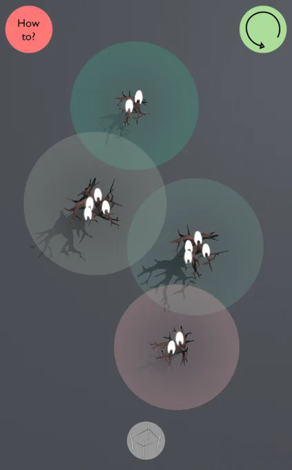 A gray background with overlapping circles on it. The circles each contain a treelike object that throws a shadow, with little characters sitting on the trees. The top left shows a red button reading "How to?", while the top right shows a green button with a counter-clockwise arrow icon. The bottom has a gray button.