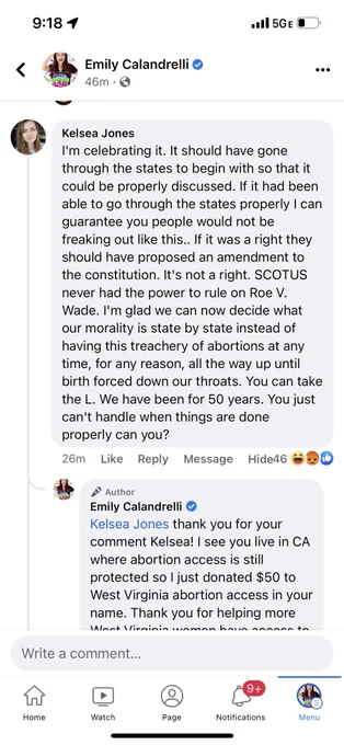 A screenshot of a Facebook comment of a women making a pro life comment. Emily responding with a donation to the Abortion Fund in the state the woman is from