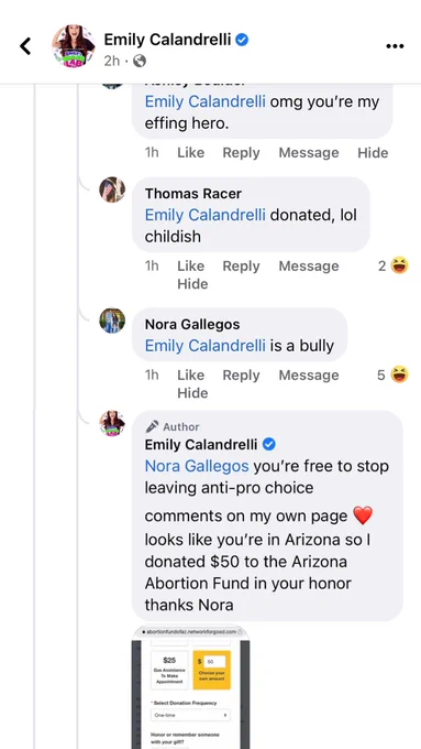 A screenshot of a Facebook comment of a women making a pro life comment. Emily responding with a donation to the Abortion Fund in the state the woman is from