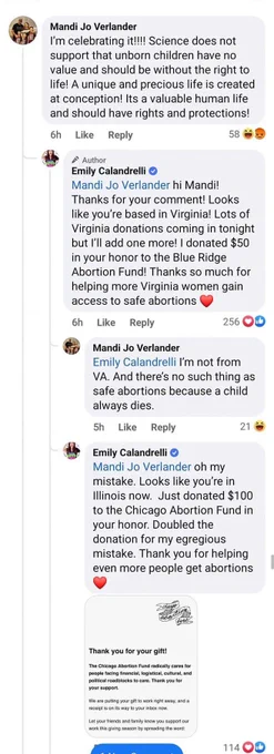A screenshot of a Facebook comment of a women making a pro life comment. Emily responding with a donation to the Abortion Fund in the state the woman is from