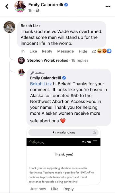 A screenshot of a Facebook comment of a women making a pro life comment. Emily responding with a donation to the Abortion Fund in the state the woman is from