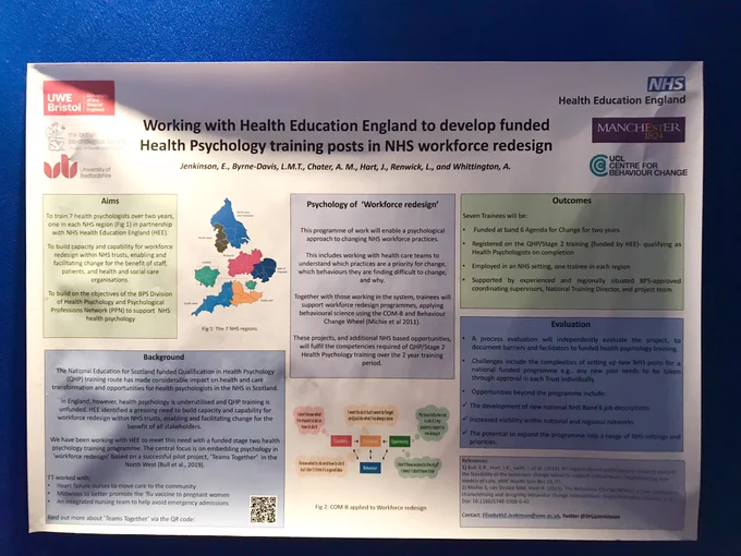 Poster describing a new Health Education England programme training Health Psychologists. Landscape page, white background, blue and green boxes with text inside. On a large blue display board.
