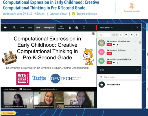 Screenshot of presenter-view from virtual ISTE22 Computational Expression Creation Lab, showing heading slide and three presenters