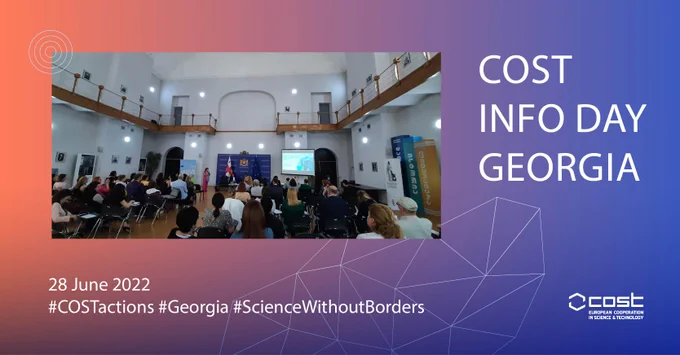 Photo from a conference with 100  people sitting in the room with a speaker addressing the crowd next to the text "COST INFO DAY GEORGIA 28 June 2022"