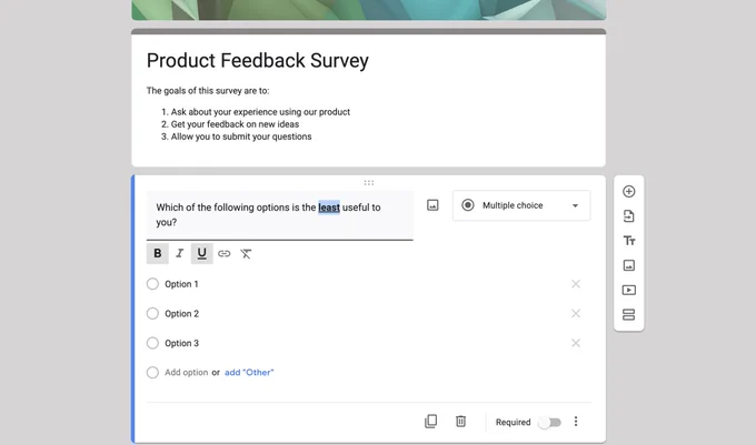 Google Forms Screenshot with rich text formatting tools
