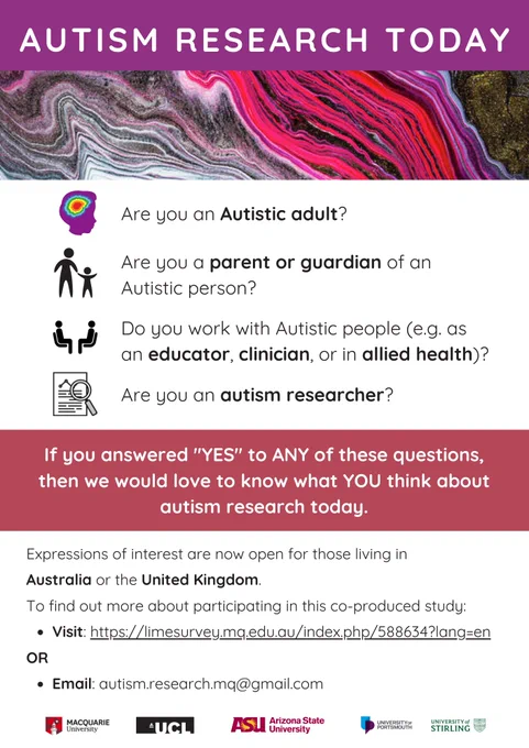 Image description
Title: AUTISM RESEARCH TODAY
Main text: 
Are you an Autistic adult?
Are you a parent or guardian of an
Autistic person?
Do you work with Autistic people (e.g. as
an educator, clinician, or in allied health)? Are you an autism researcher?
   
If you answered "YES" to ANY of these questions, then we would love to know what YOU think about autism research today.
Expressions of interest are now open for those living in Australia or the United Kingdom.
To find out more about participating in this co-produced study:
Visit: https://limesurvey.mq.edu.au/index.php/588634?lang=en OR
Email: autism.research.mq@gmail.com
Image description: At the bottom of the page, there are logos of the five universities associated with the study: Macquarie University, UCL, Arizona State University, University of Portsmouth and University of Stirling.