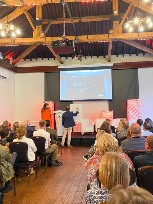 This is a photo of Michael from Speakers Corner writing 'where is my focus'. This is an activity during Sarah Furness's presentation in Speakers Corner's Knowledge Guild showcase about Leadership under pressure at the Brewery London. 