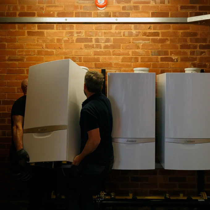 Two engineers installing a new heating system