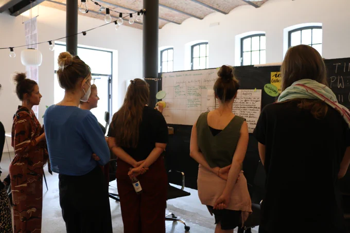 Blick von hinten auf eine Gruppe von Personen, die in einem großen Raum vor einer Tafel stehen. Eine Person schreibt gerade etwas auf ein daran hängendes Flipchart.