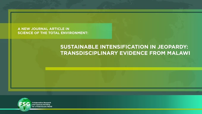 A background of of a dark green world may overlaid with light green squares has text that reads, "A new journal article in Science of the Total Environment: Sustainable intensification in jeopardy: transdisciplinary evidence from Malawi." In the lower left corner is the FSG logo