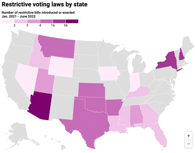 Map of the US with states filled in with shades of purple and grey, showing how restrictive their voting laws are.