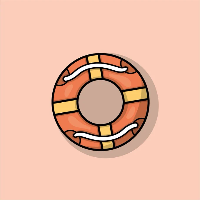 Vector illustration of a life ring / lifebuoy. Orange in colour with white rope and yellow reflective bands, sat upon a pale orange background. Drawn from an overhead view. 