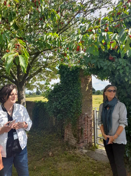 This photo shows Paula McQuade and Elizabeth St. John underneath a cherry tree listening to the talk being given on the history of the grounds. 