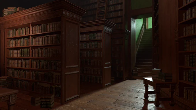 3D render of a dimly lit library