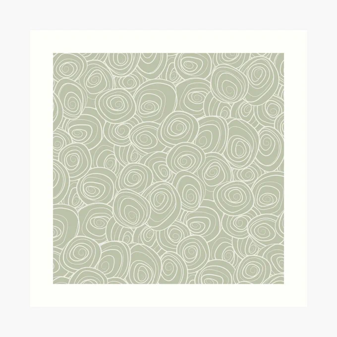 Green and beige hand-drawn swirly floral pattern design by PAPER MOON Art & Design. Art prints available at Redbubble and Society6 shops.