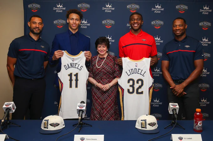 Trajan Langdon, Dyson Daniels, Gayle Benson, E.J. Liddell and Willie Green at a press conference today 