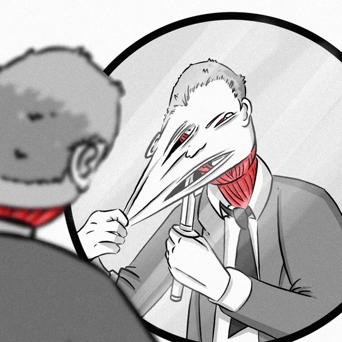 Graphic illustration of an over the shoulder view of a man in a suit pulling his face off with one hand while his other hand uses a knife to aid with its removal
