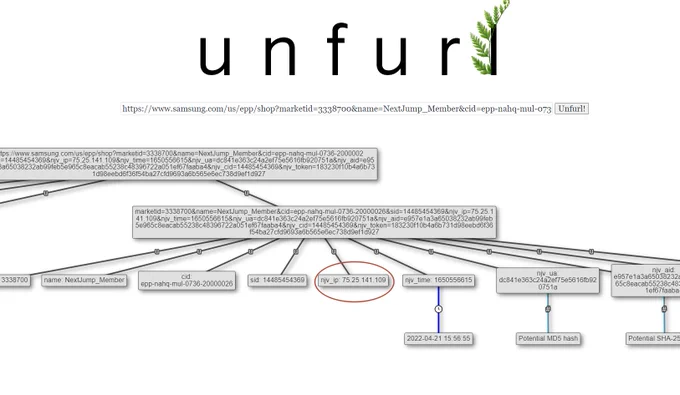 A long URL containing an IP address in the query string parsed by Unfurl