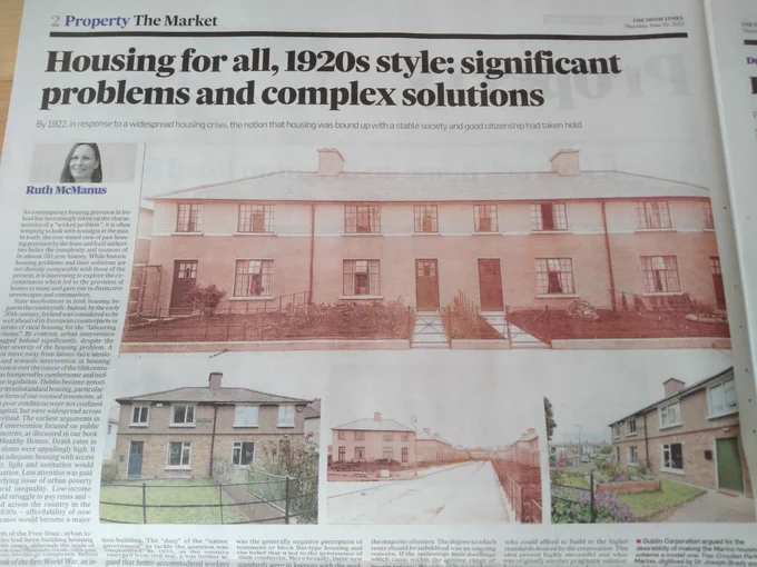 Upper half of Irish Times page headlined 'Housing for all, 1920s style: significant problems and complex solutions'