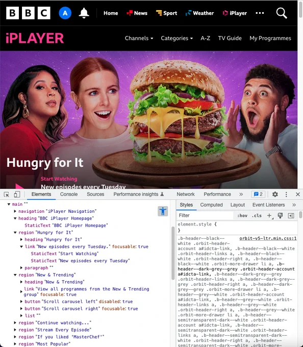 Screenshot of the BBC iPlayer homepage in Chrome with dev tools open showing the accessibility tree