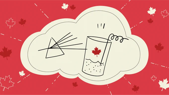 A red-and-white illustration depicts a prism and a liquid-filled glass inside a cloud shape; small maple leaves are scattered all around the image.