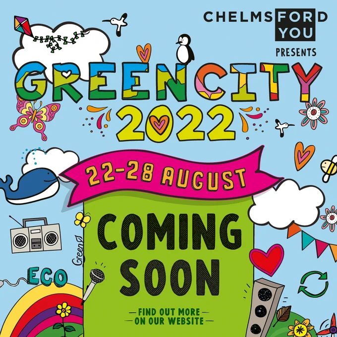 A nature and music themed scene in front of a cloudy blue sky. Green City 2022, 22-28 August, Coming Soon.
