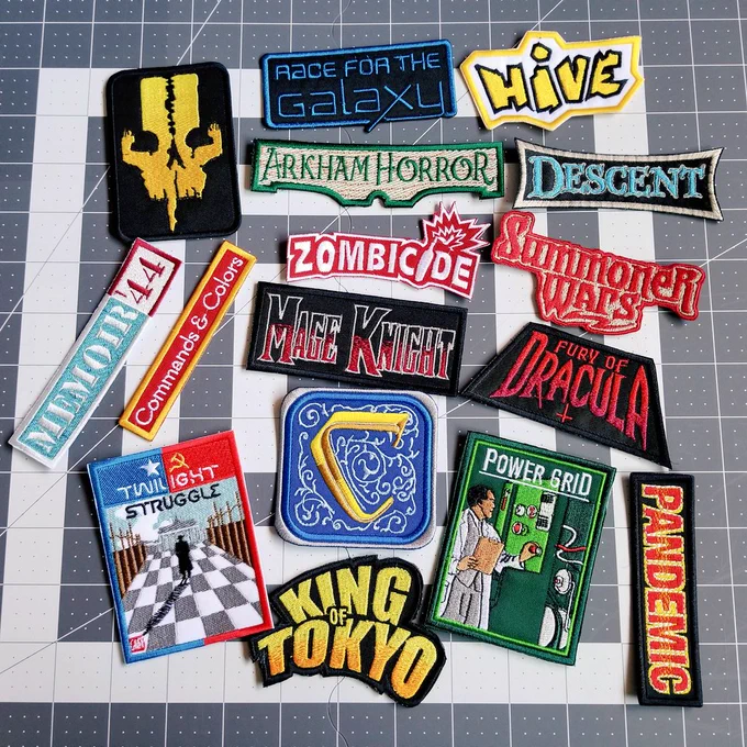 Embroidered boardgame patches from Thread By Dawn.