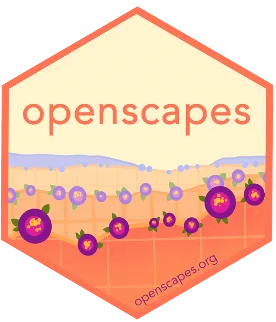 Logo for "openscapes" which is of an illustration of a meadow of purple flowers that can also be viewed as points on graph paper.