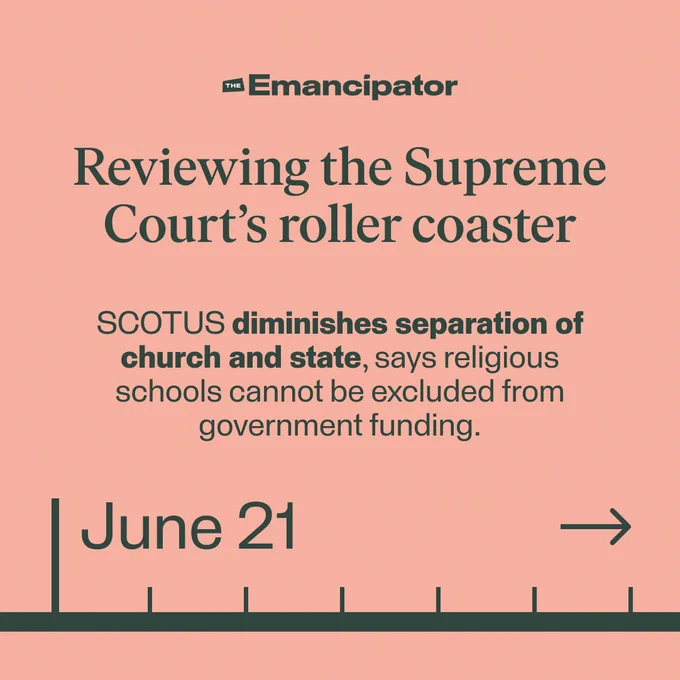 SCOTUS diminishes separation of church and state, says religious schools cannot be excluded from government funding.