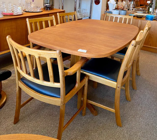 Vintage Teak Dining Table with Two Leaves and/or 6 Teak Chairs, Mid Century Modern || Table $1499 || L 65” leaf 20” W 41” || Chairs $1499 set of 6
