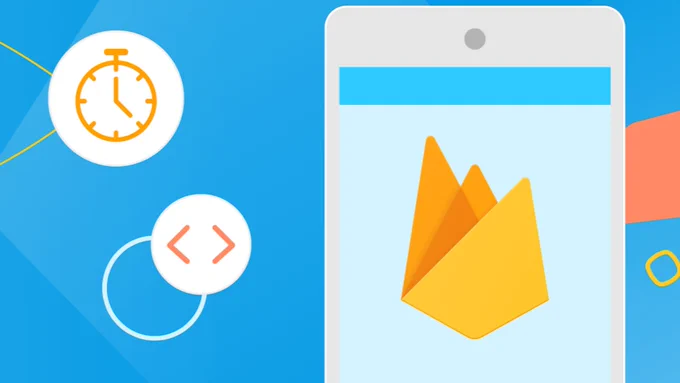 Animated image showing a mobile phone with the Firebase logo on it against a light blue background.