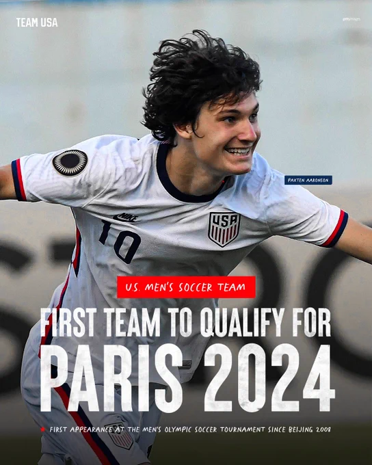 Graphic of soccer player Paxten Aaronson that reads, "U.S. Men's Soccer Team | First Team To Qualify for Paris 2024 | First Appearance at the men's Olympic Soccer Tournament since Beijing 2008." 