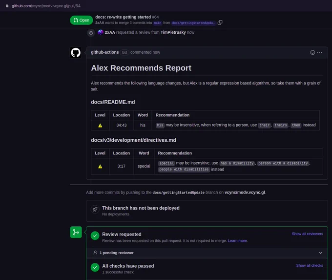 A GitHub pull request with an automated report on inclusive language showing only two warnings. One for the use of "his" and the other for the use of "special".
