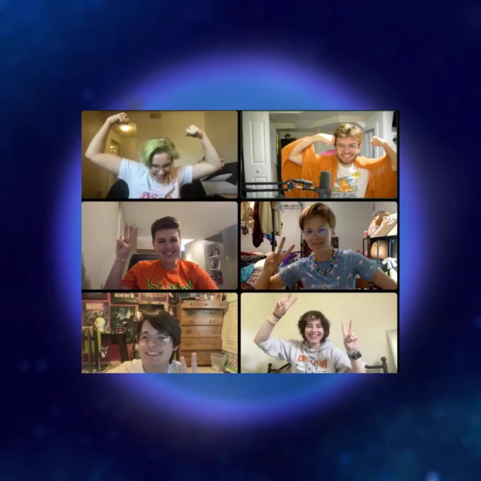Micro-Cosmos cast members (from top left to bottom right) Luka, Lauren, Jesse, Kaleb, Pippa and Jack, on a video call. The screencap is placed on a background of our show art, a blue planet against a darker galaxy.