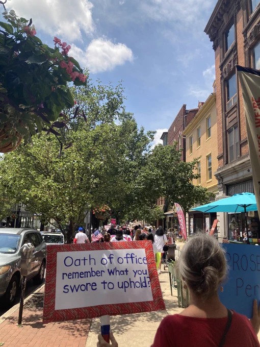 Group marching with woman holding sign saying “oath of office remember what you swore to uphold?”