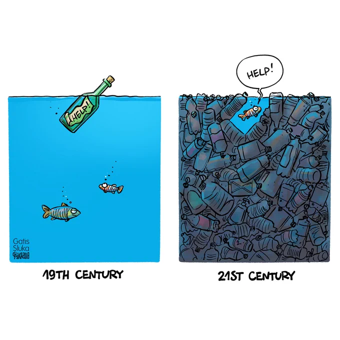 Cartoon comparing the sea in the 19th century, when a message in a bottle could be found, and the 21st when the sea is full of plastic bottles.