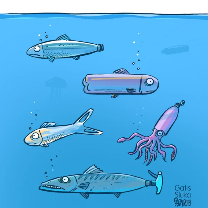 Cartoon where the fishes have the shape of plastic bottles after eat them.