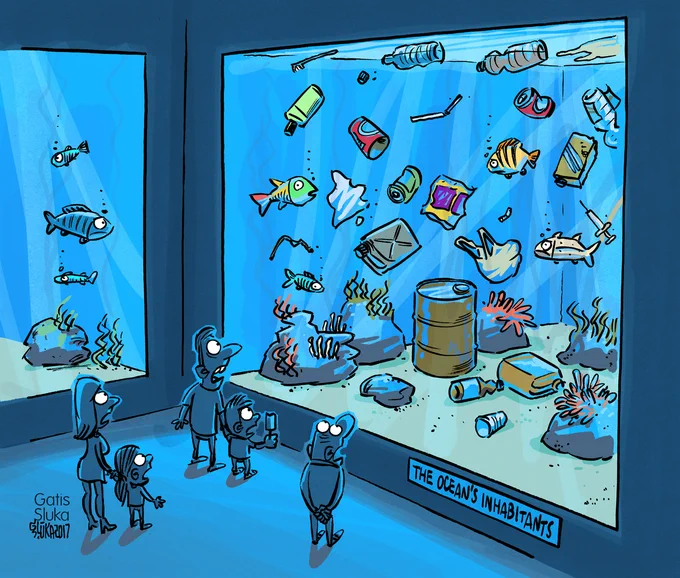 A cartoon of an aquarium with a lot of marine litter and plastic and a few people observing.