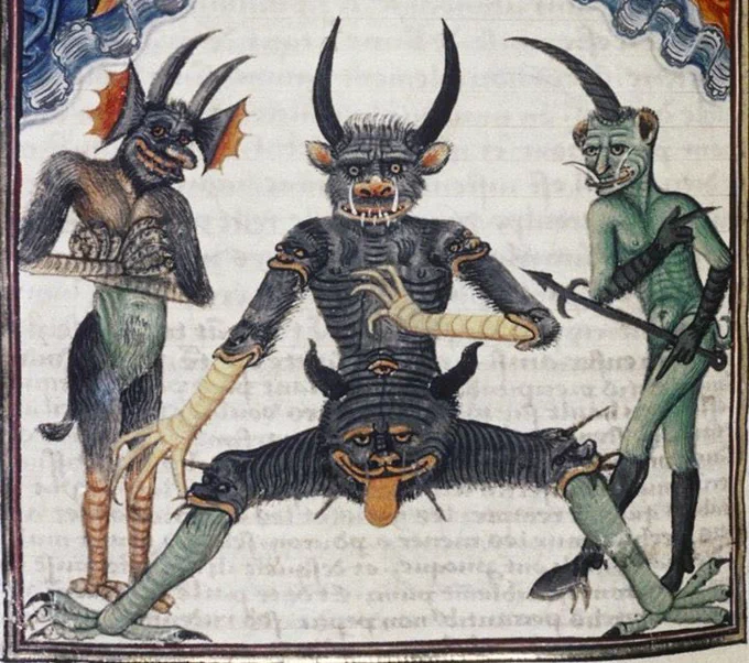 A medieval painting of three grotesque humanoid demons