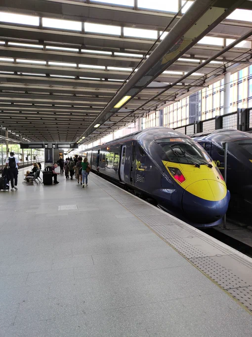 Platform 12 of London St. Pancras station with the high speed train to Dover Ferry awaiting departure.