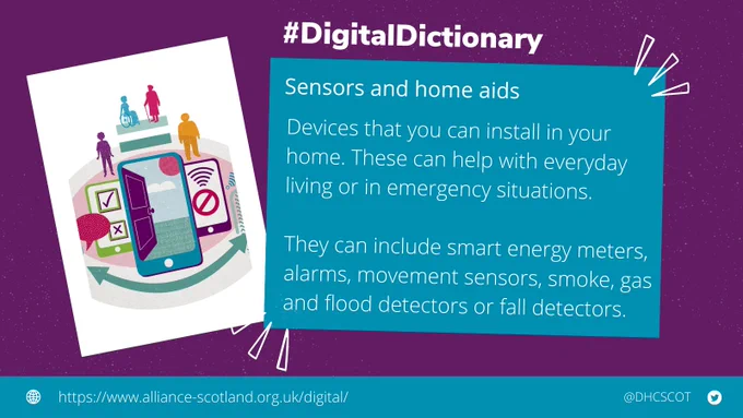 Picture of a phone and a front door representing the Digital Front Door. #DigitalDictionary. Sensors and home aids. Devices that you can install in your home. These can help with everyday living or emergency situations. They can include smart energy meters alarms, movement sensors, smoke, gas and flood detectors or fall detectors.