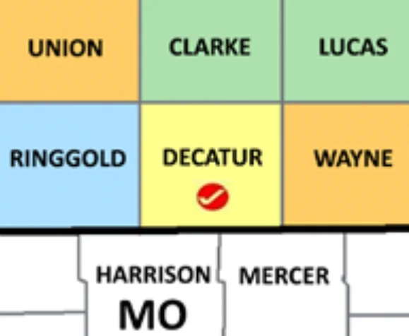 Part of a map of Iowa and Missouri counties from the FamilySearch Research Wiki - https://www.familysearch.org/en/wiki/Decatur_County,_Iowa_Genealogy