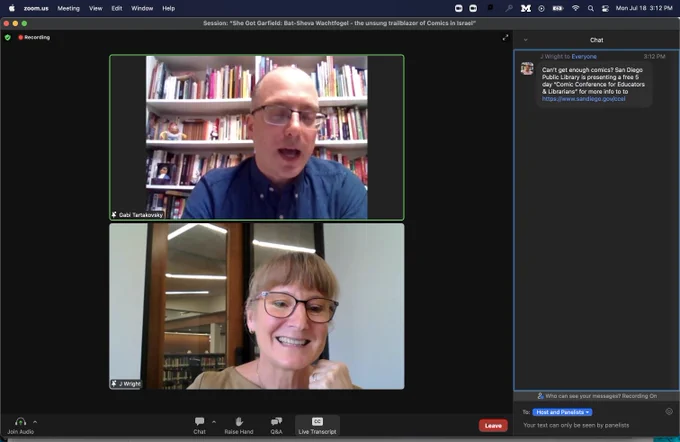 Screenshot: “She Got Garfield: Bat-Sheva Wachtfogel - the unsung trailblazer of Comics in Israel” with J Wright and Gabi Tartakovsky. Link shown: https://www.sandiego.gov/ccel