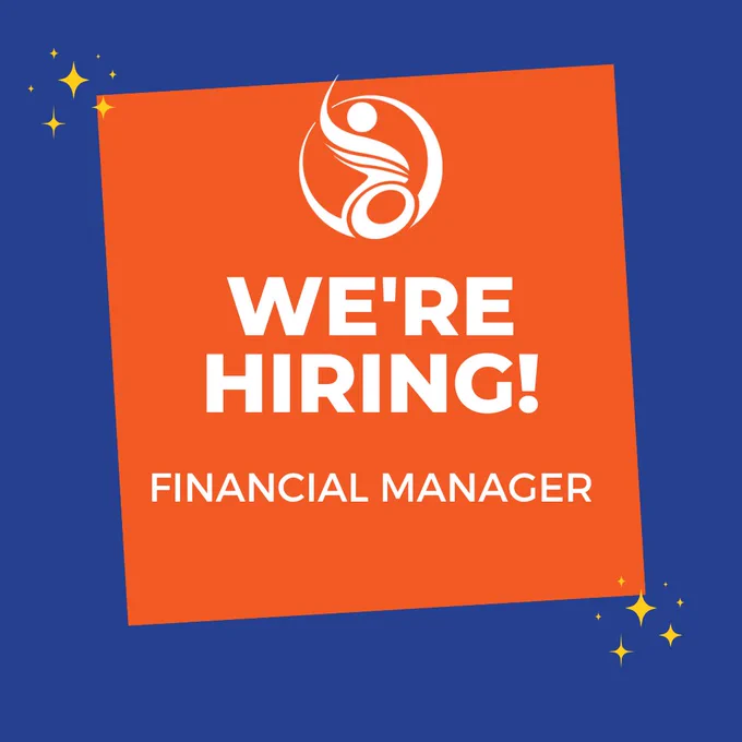 The capitalized text is in white and says 'WE'RE HIRING! FINANCIAL MANAGER.' The PATF logo is above. An orange box surrounds the text and logo. The background is blue.