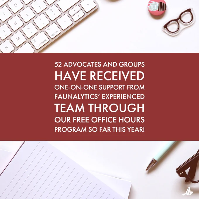 Desk top items including a keyboard, glasses, a pen, and pad of paper with the text "52 advocates and groups have received one-on-one support from Faunalytics' experienced team through our free office hours program so far this year!"